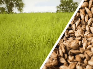 Imagem dividida em duas, na horizontal, com capim Brachiaria Humidícola acima e suas sementes abaixo.